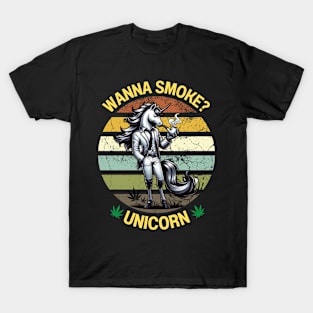 Vintage Wanna Smoke Unicorn Funny Unicorn Cannabis Weed Tees T-Shirt